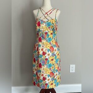 Evan Picone Floral Cottage Core Strappy Summer Dress in Teal, Orange & Yellow